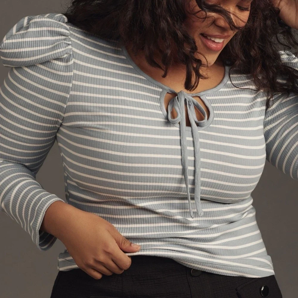 NWT Anthropologie Porridge Puff Sleeve Tie Front Striped Top XL